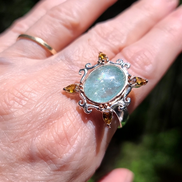 Oval 11k Aquamarine & Tourmaline portrait style Sterling ring sz9 - Picture 2 of 4
